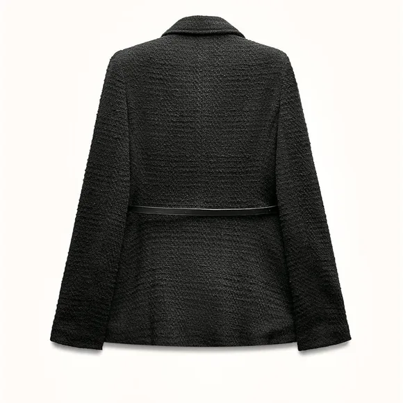 Zara NWT black tweed textured belted button front collard tailored blazer jacket