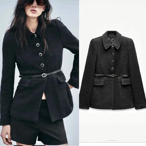 Zara NWT black tweed textured belted button front collard tailored blazer jacket