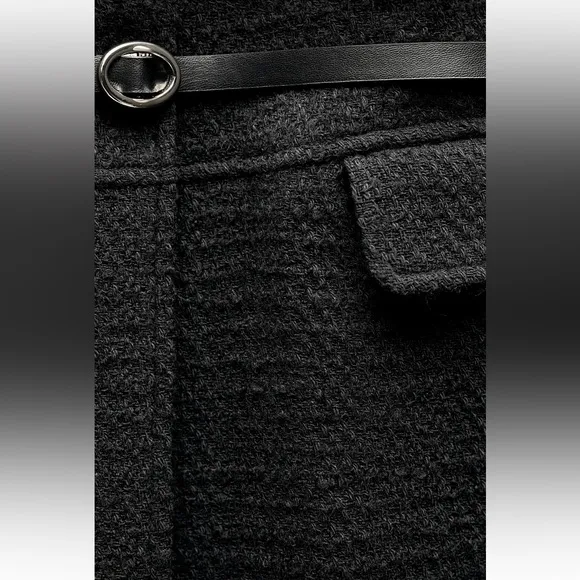 Zara NWT black tweed textured belted button front collard tailored blazer jacket