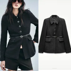 Zara NWT black tweed textured belted button front collard tailored blazer jacket