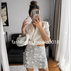 Zara NWT bloggers silver sequin embellished 3D flower sparkly mini skirt