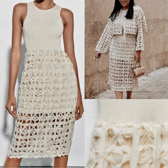 Zara NWT combination mixed contrast midi dress crochet detailed skirt tank style