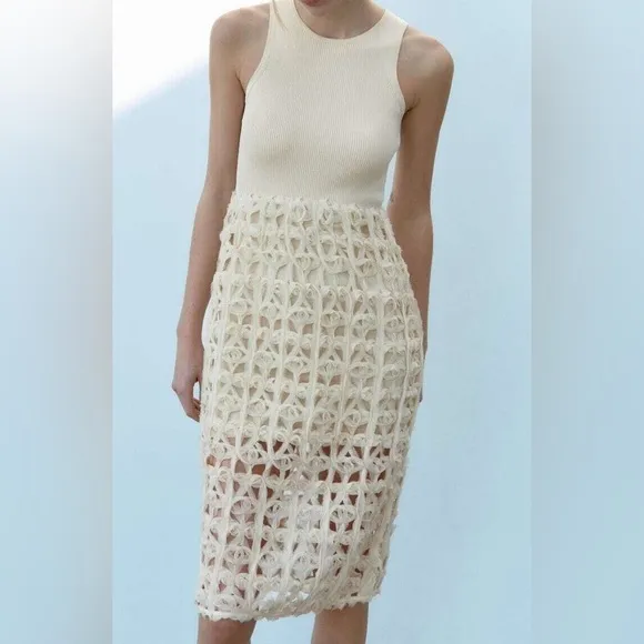 Zara NWT combination mixed contrast midi dress crochet detailed skirt tank style