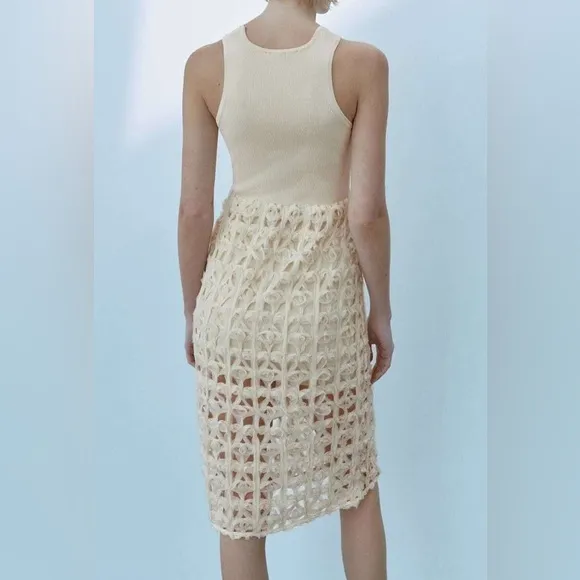 Zara NWT combination mixed contrast midi dress crochet detailed skirt tank style