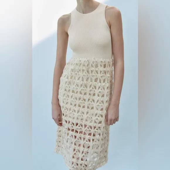 Zara NWT combination mixed contrast midi dress crochet detailed skirt tank style