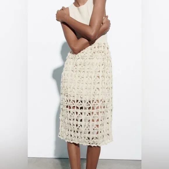 Zara NWT combination mixed contrast midi dress crochet detailed skirt tank style