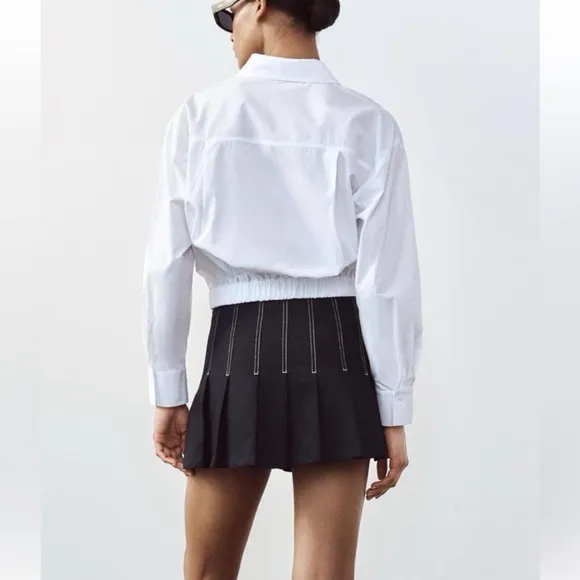 Zara NWT dark denim pleated skirt topstitching contrast skort - indigo color