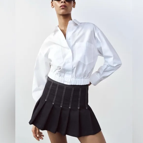 Zara NWT dark denim pleated skirt topstitching contrast skort - indigo color