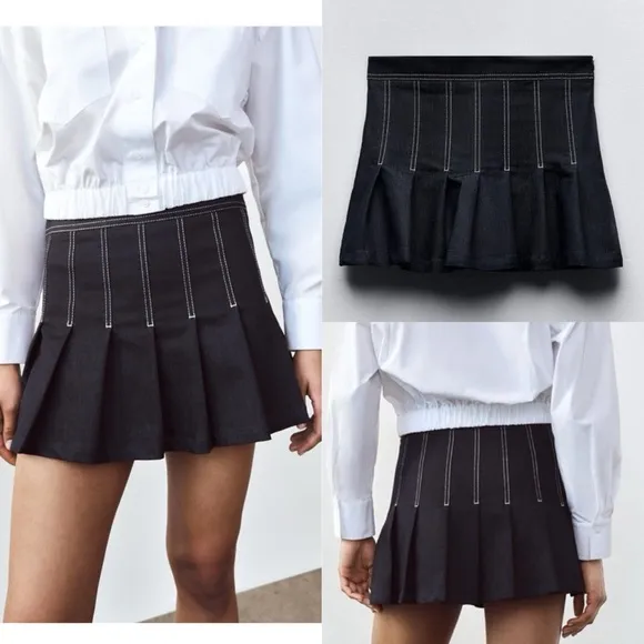 Zara NWT dark denim pleated skirt topstitching contrast skort - indigo color