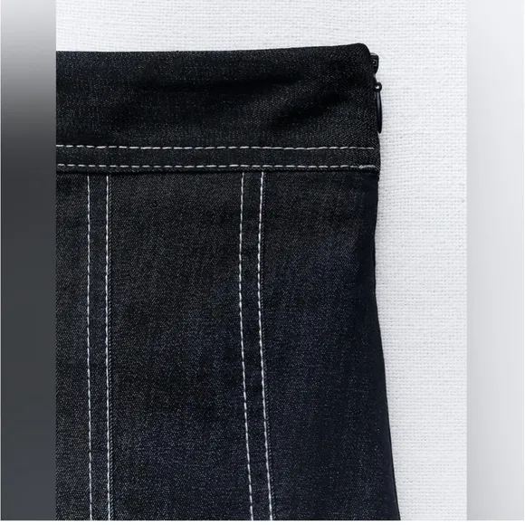 Zara NWT dark denim pleated skirt topstitching contrast skort - indigo color
