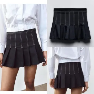 Zara NWT dark denim pleated skirt topstitching contrast skort - indigo color