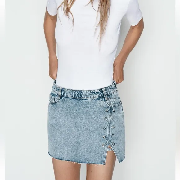Zara NWT denim jean mini skirt with lace lacing detail