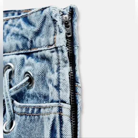 Zara NWT denim jean mini skirt with lace lacing detail