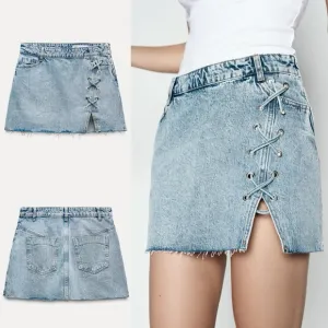 Zara NWT denim jean mini skirt with lace lacing detail