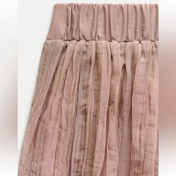 Zara NWT dusty pale pink elastic waistband wrinkle effect midi skirt