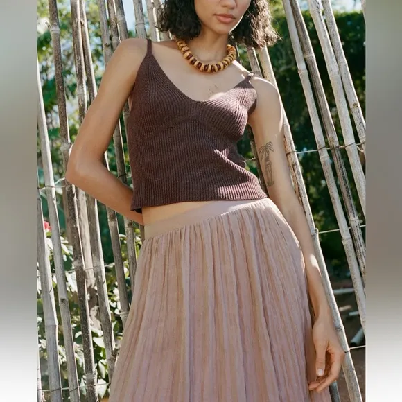 Zara NWT dusty pale pink elastic waistband wrinkle effect midi skirt