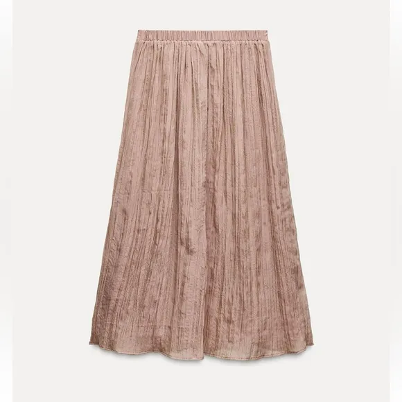 Zara NWT dusty pale pink elastic waistband wrinkle effect midi skirt