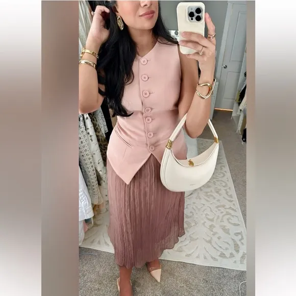 Zara NWT dusty pale pink elastic waistband wrinkle effect midi skirt