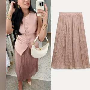 Zara NWT dusty pale pink elastic waistband wrinkle effect midi skirt