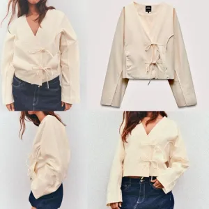 Zara NWT ivory off white cream oversized fit seam detail bow tie wrap jacket M/L