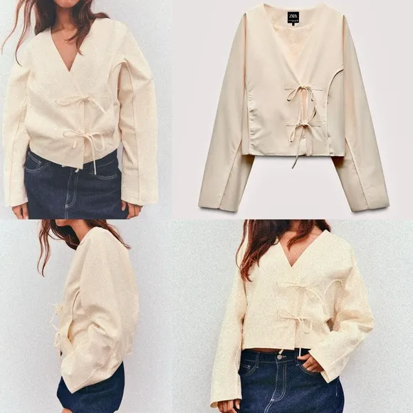 Zara NWT ivory off white cream oversized fit seam detail bow tie wrap jacket M/L