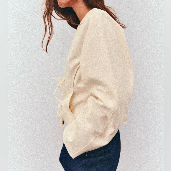 Zara NWT ivory off white cream oversized fit seam detail bow tie wrap jacket M/L