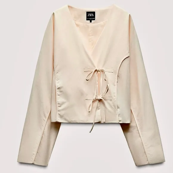 Zara NWT ivory off white cream oversized fit seam detail bow tie wrap jacket M/L