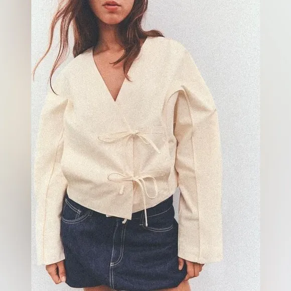 Zara NWT ivory off white cream oversized fit seam detail bow tie wrap jacket M/L