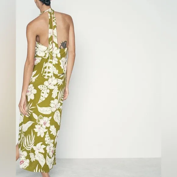 Zara NWT linen tropical floral print green printed midi halter top tie dress