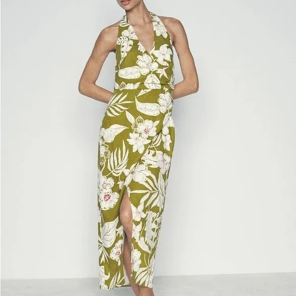 Zara NWT linen tropical floral print green printed midi halter top tie dress