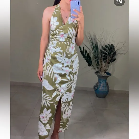 Zara NWT linen tropical floral print green printed midi halter top tie dress
