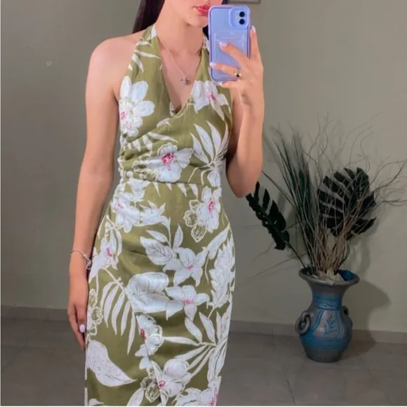 Zara NWT linen tropical floral print green printed midi halter top tie dress