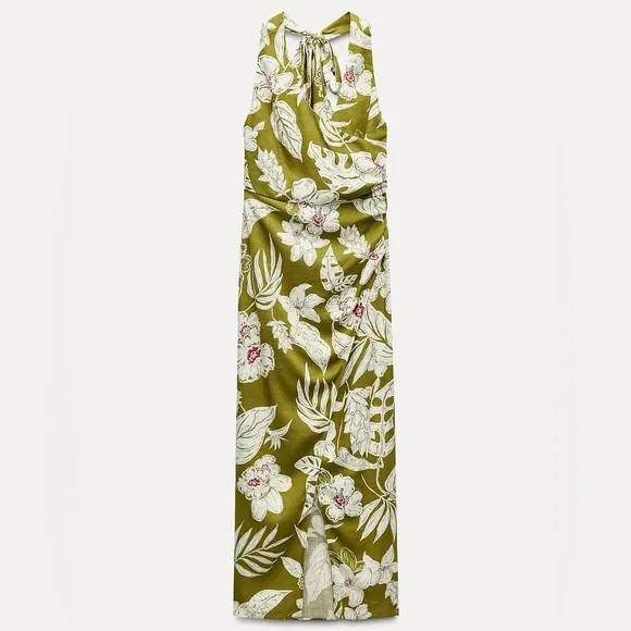 Zara NWT linen tropical floral print green printed midi halter top tie dress