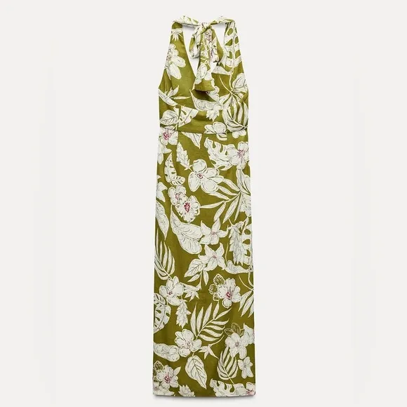 Zara NWT linen tropical floral print green printed midi halter top tie dress