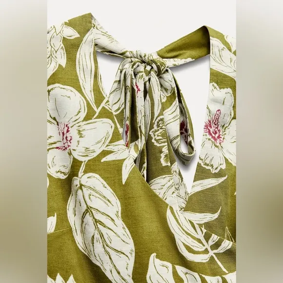 Zara NWT linen tropical floral print green printed midi halter top tie dress