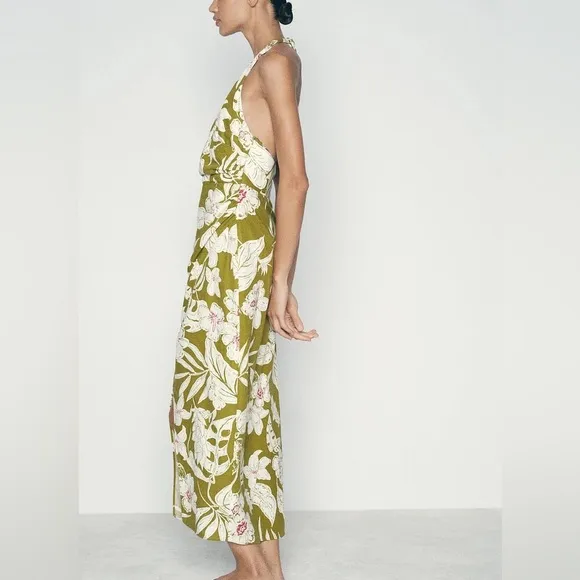 Zara NWT linen tropical floral print green printed midi halter top tie dress