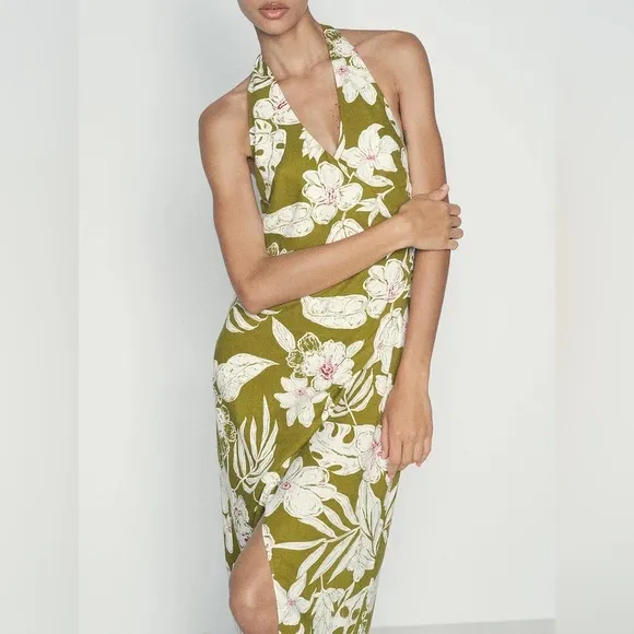 Zara NWT linen tropical floral print green printed midi halter top tie dress