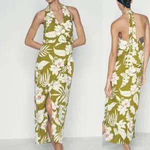 Zara NWT linen tropical floral print green printed midi halter top tie dress