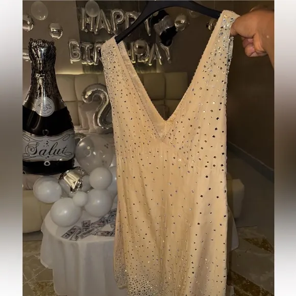 Zara NWT nude jewelled embellished crystal rhinestone sparkly v neck mini dress
