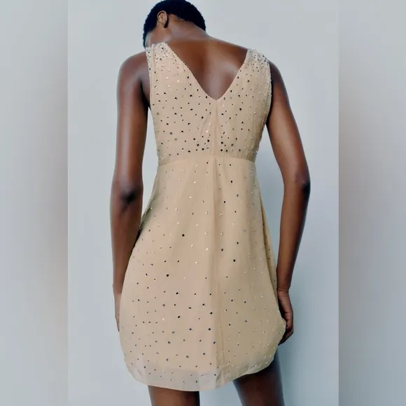 Zara NWT nude jewelled embellished crystal rhinestone sparkly v neck mini dress