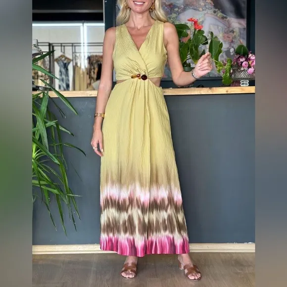 Zara NWT tie dye green &amp; brown jeweled embellished cutout midi dress