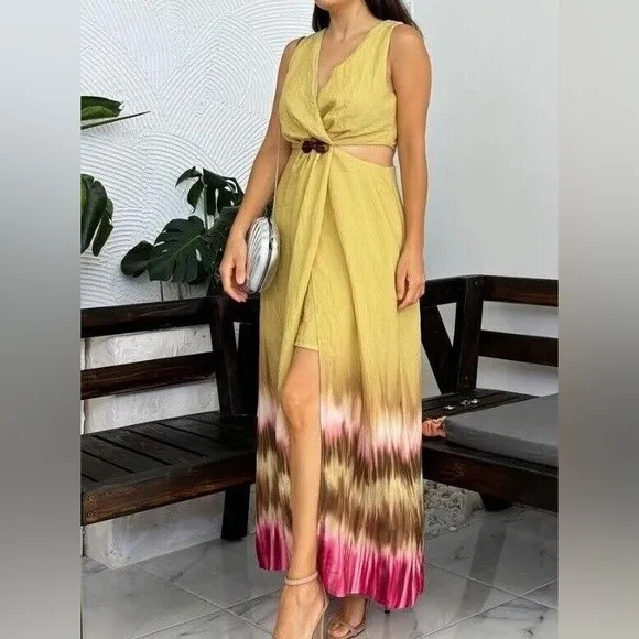 Zara NWT tie dye green &amp; brown jeweled embellished cutout midi dress