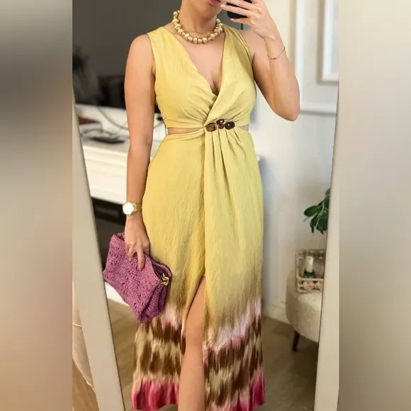 Zara NWT tie dye green &amp; brown jeweled embellished cutout midi dress