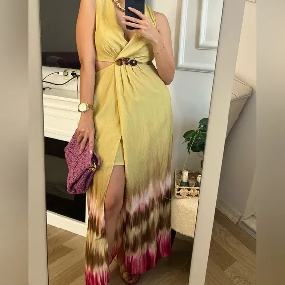 Zara NWT tie dye green &amp; brown jeweled embellished cutout midi dress