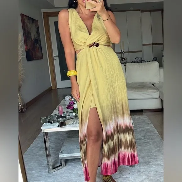 Zara NWT tie dye green &amp; brown jeweled embellished cutout midi dress