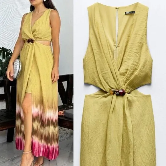 Zara NWT tie dye green &amp; brown jeweled embellished cutout midi dress