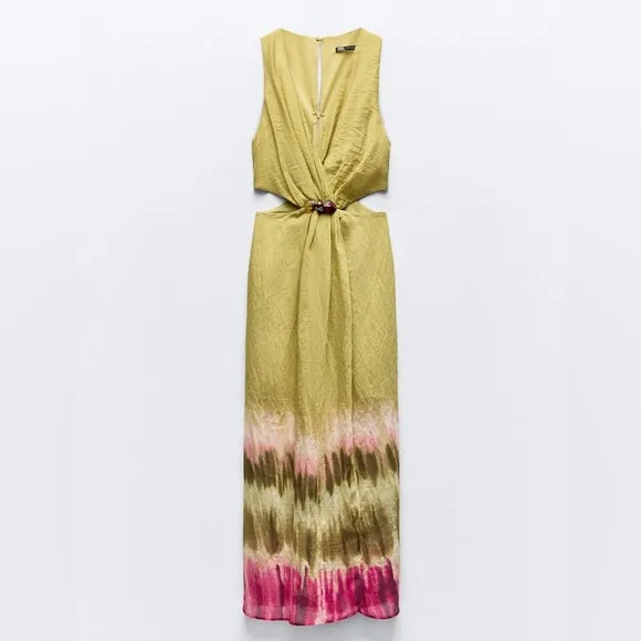 Zara NWT tie dye green &amp; brown jeweled embellished cutout midi dress