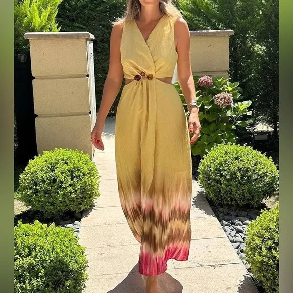 Zara NWT tie dye green &amp; brown jeweled embellished cutout midi dress