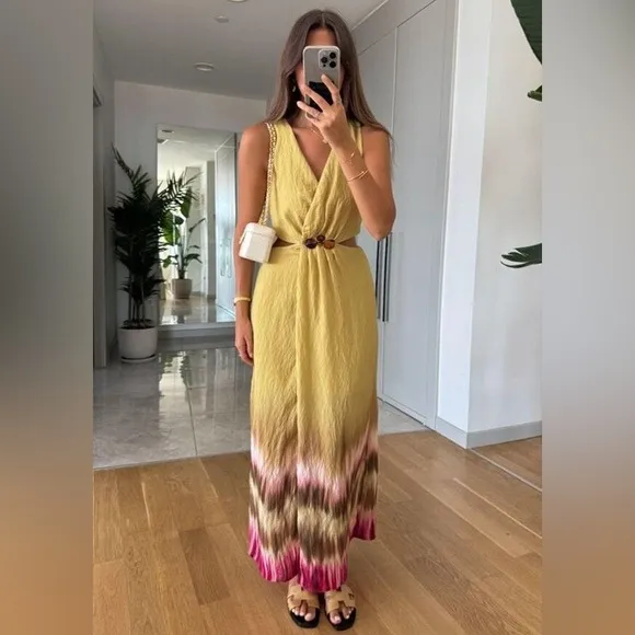 Zara NWT tie dye green &amp; brown jeweled embellished cutout midi dress