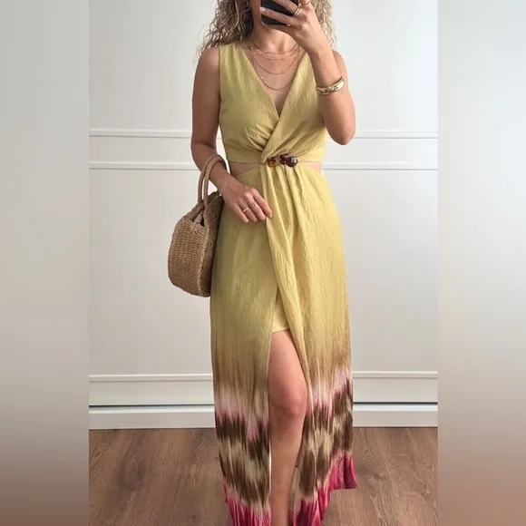 Zara NWT tie dye green &amp; brown jeweled embellished cutout midi dress